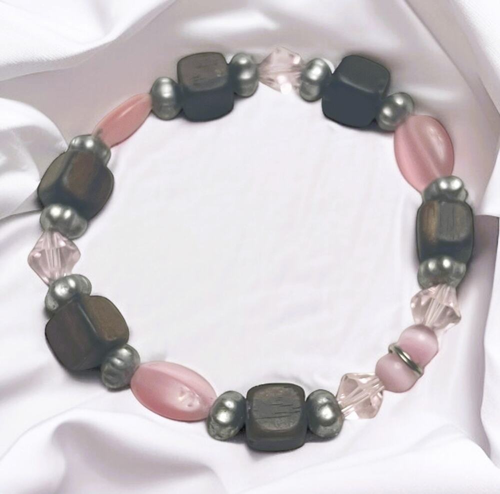 Vintage Rose Quartz, Pink Bi-Cone Crystal, Cats Eye, Natural Wood Cube Bracelet
